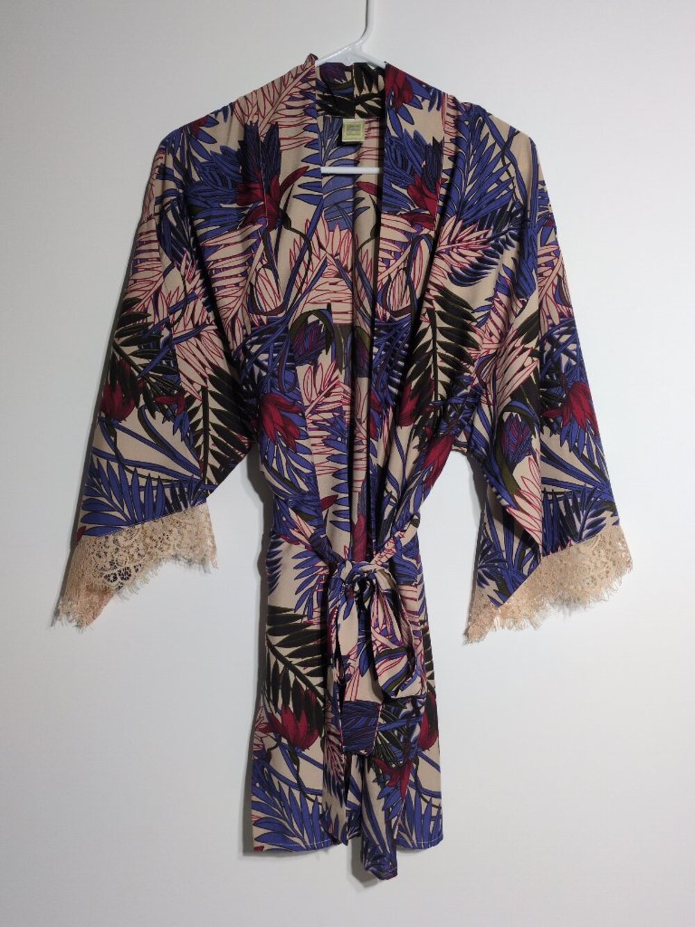 Japna Lounge Kimono Cardigan Womens Size Medium Tropical Leaves Lace 3/4 Sleeve